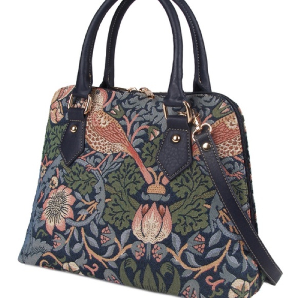 Elegant Navy and Green Tapestry Handbag with William Morris print